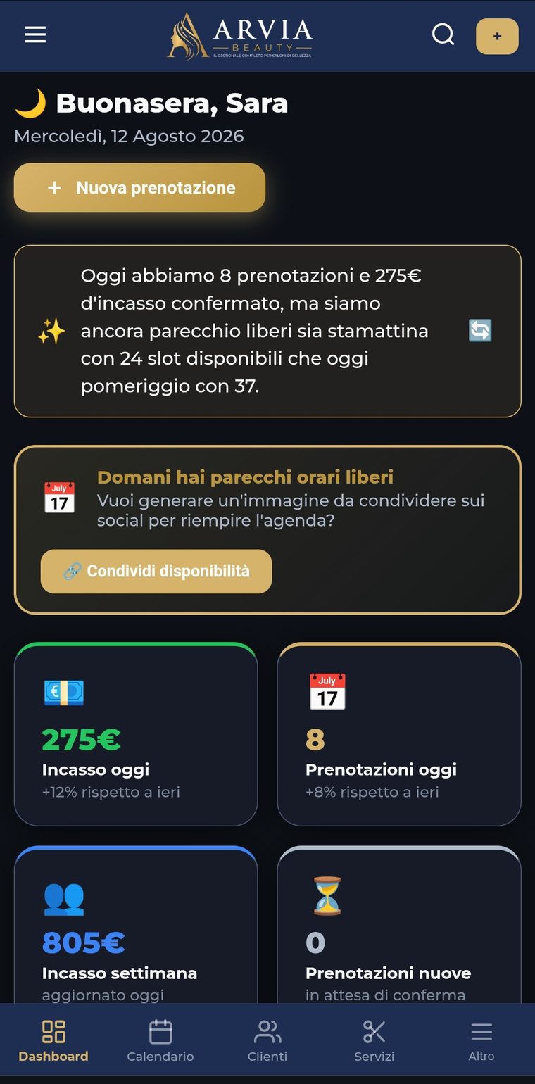Dashboard mobile Arliva Beauty